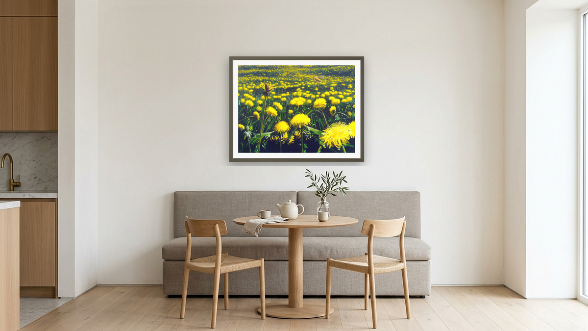 Lawn by Alexis Rockman, shown at 30 × 40 in (76.2 × 101.6 cm) in Ramino Satin Black, kitchen
