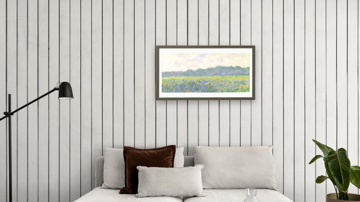 Field of Yellow Irises at Giverny by Claude Monet, shown at 20 × 40 in (50.8 × 101.6 cm) in Ramino Satin Black, living