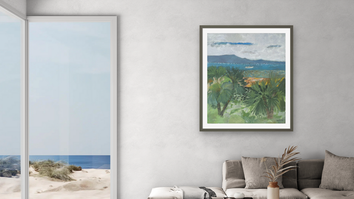 La Bateau Blanc Cote d’Azur by Guy Bardone, shown at 32 × 40 in (81.3 × 101.6 cm) in Ramino Satin Black, living
