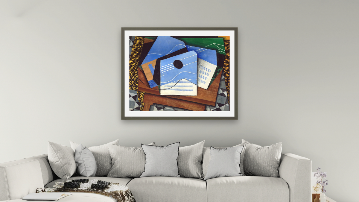 Guitar on a Table by Juan Gris, shown at 32 × 40 in (81.3 × 101.6 cm) in Ramino Satin Black, living