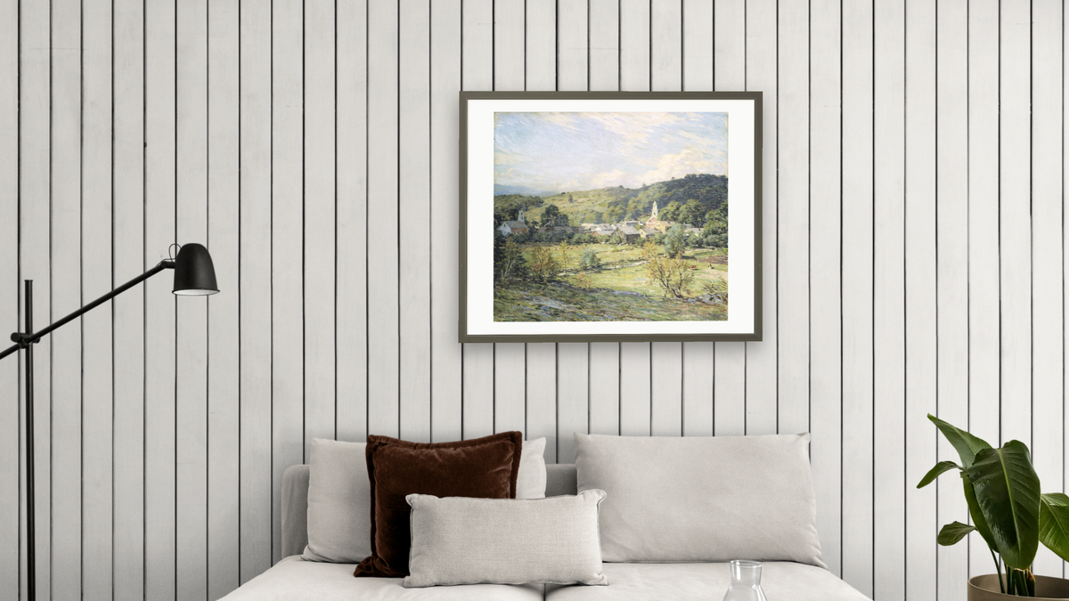 September Morning, Plainfield, New Hampshire by Willard LeRoy Metcalf, shown at 32 × 40 in (81.3 × 101.6 cm) in Ramino Satin Black, living