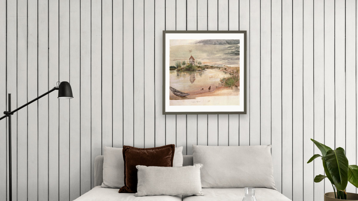 Weierhaus (w/c) by Albrecht Dürer, shown at 32 × 32 in (81.3 × 81.3 cm) in Ramino Satin Black, living