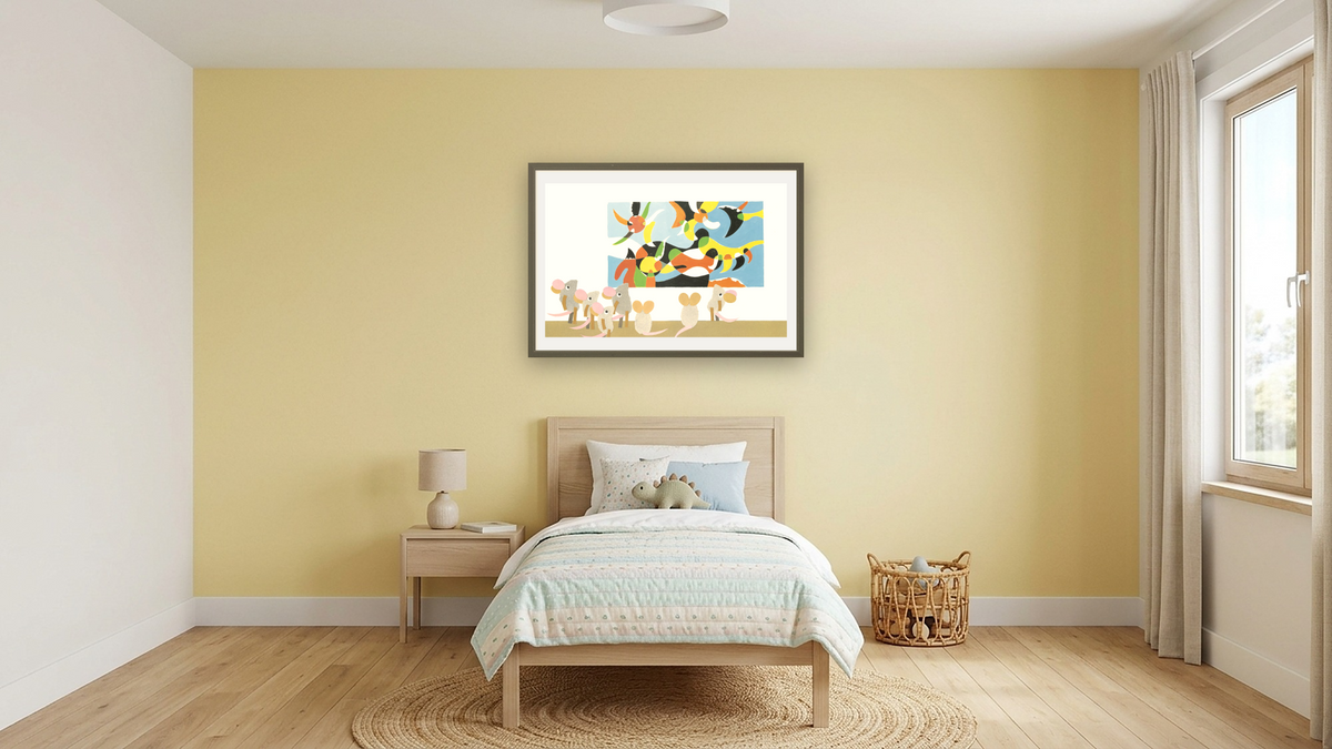 Matthew's Dream XIV by Leo Lionni, shown at 28 × 42 in (71.1 × 106.7 cm) in Ramino Satin Black, kids' room