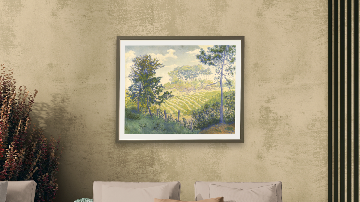 Vineyards Under the Pines by Paul Elie Ranson, shown at 32 × 40 in (81.3 × 101.6 cm) in Ramino Satin Black, living