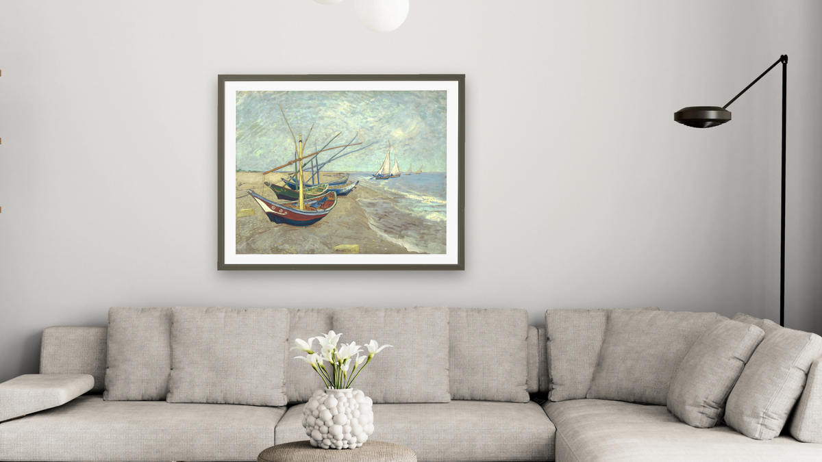 Fishing Boats on the Beach at Les Saintes-Maries-de-la-Mer by Vincent van Gogh, shown at 32 × 40 in (81.3 × 101.6 cm) in Ramino Satin Black, living