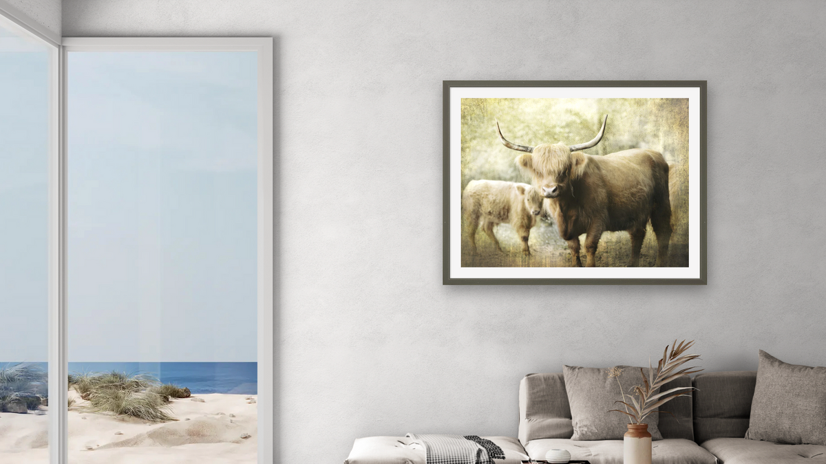 The Protector by Brandon Luther, shown at 32 × 40 in (81.3 × 101.6 cm) in Ramino Satin Black, living