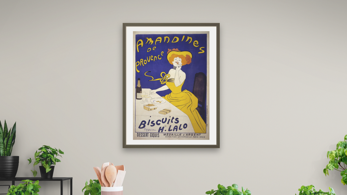 Amandines de Provence poster by Leonetto Cappiello, shown at 30 × 40 in (76.2 × 101.6 cm) in Ramino Satin Black, dining