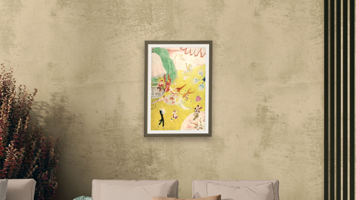 Love Flight of a Pink Candy Heart by Florine Stettheimer, shown at 20 × 30 in (50.8 × 76.2 cm) in Ramino Satin Black, living
