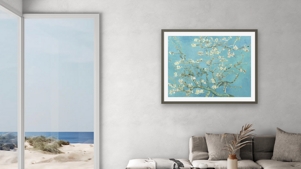 Almond Blossom by Vincent van Gogh, shown at 32 × 40 in (81.3 × 101.6 cm) in Ramino Satin Black, living
