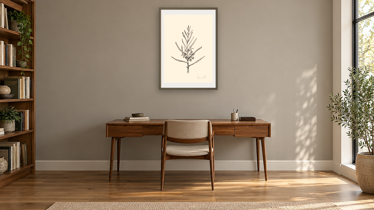 Blackwood Sapling by Dan Hobday, shown at 28 × 42 in (71.1 × 106.7 cm) in Ramino Satin Black, library