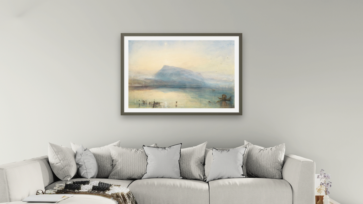 The Blue Rigi, Sunrise by Joseph Mallord William Turner, shown at 28 × 42 in (71.1 × 106.7 cm) in Ramino Satin Black, living
