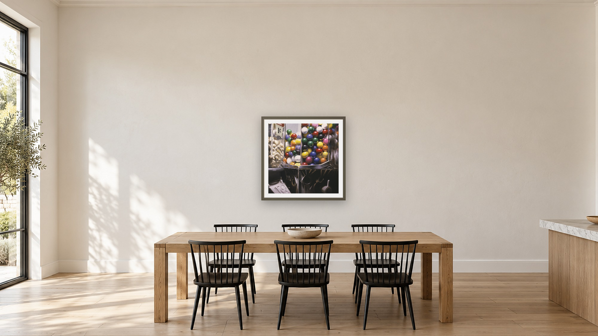 Gum Ball #8 by Charles Bell, shown at 32 × 32 in (81.3 × 81.3 cm) in Ramino Satin Black, kitchen