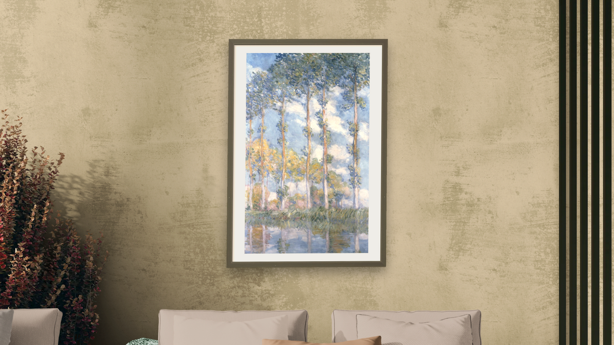 Poplars by Claude Monet, shown at 28 × 42 in (71.1 × 106.7 cm) in Ramino Satin Black, living