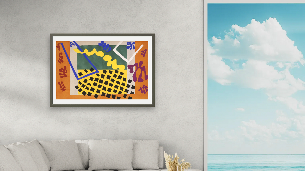 Jazz, 1947 by Henri Matisse, shown at 28 × 42 in (71.1 × 106.7 cm) in Ramino Satin Black, living