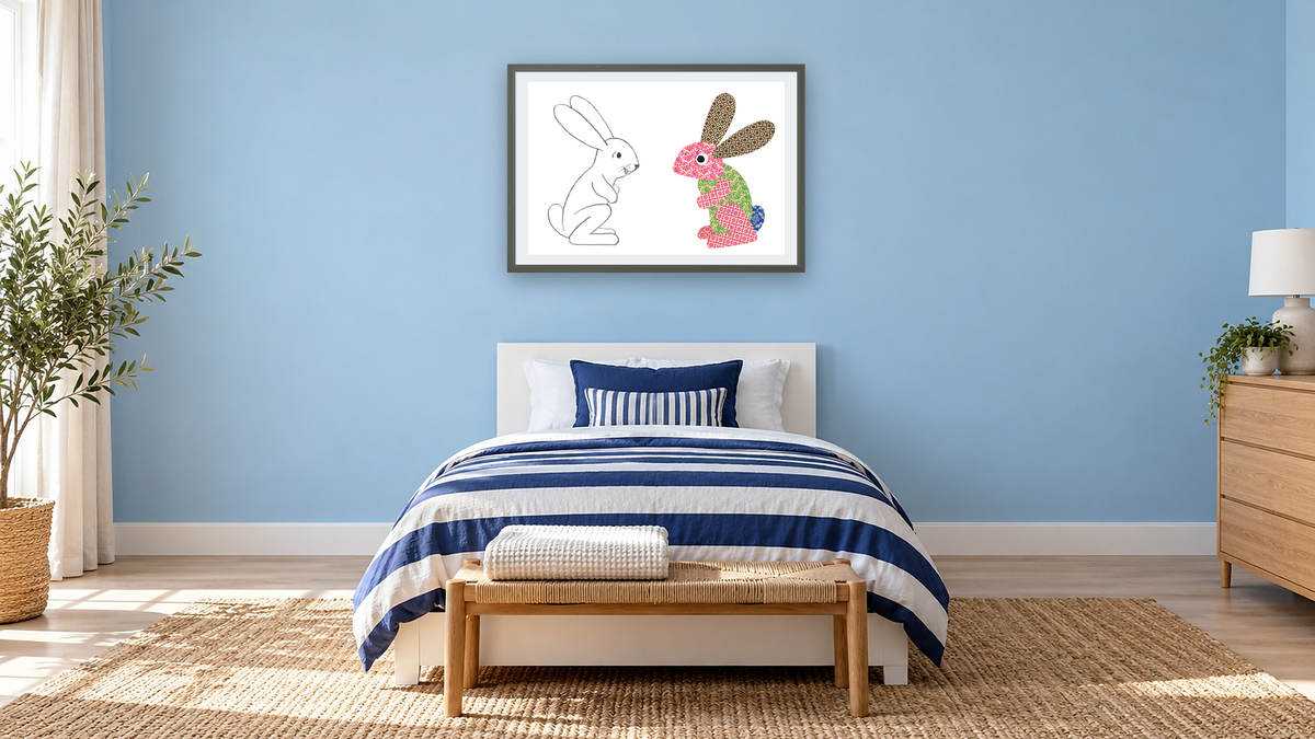 Let's Make Rabbits by Leo Lionni, shown at 28 × 42 in (71.1 × 106.7 cm) in Ramino Satin Black, kids' room