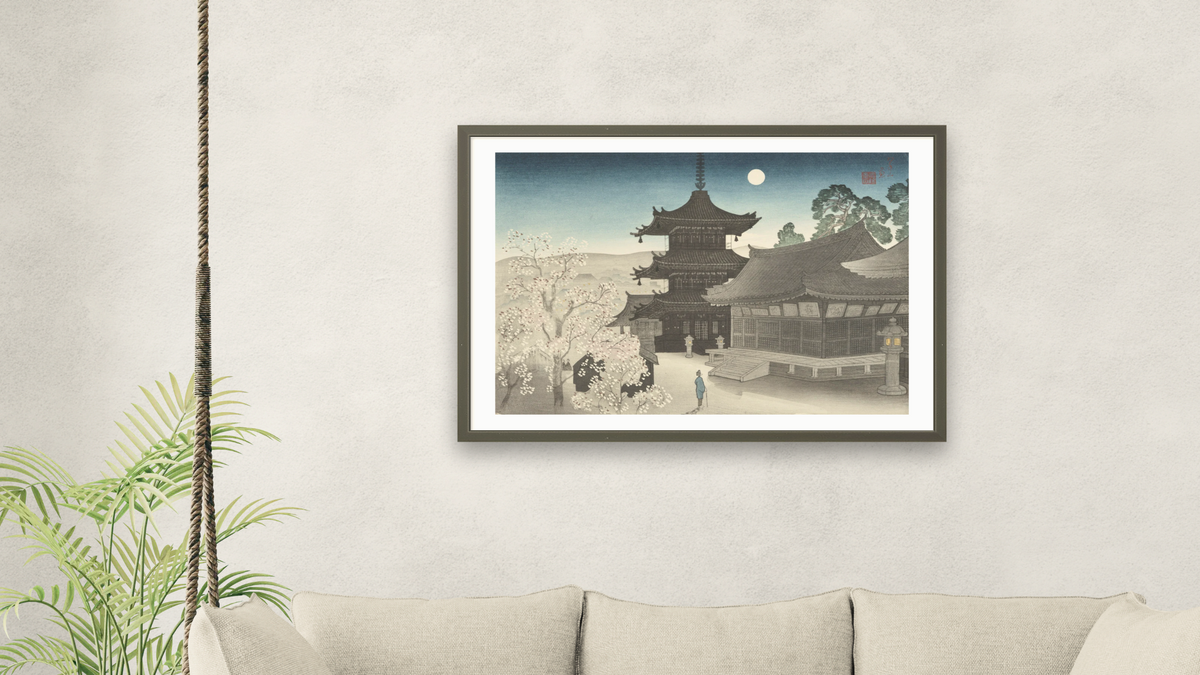Kiyomizu Temple on a Spring Night (Haru no Yo no Kiyomizu) by Miki Suizan, shown at 28 × 42 in (71.1 × 106.7 cm) in Ramino Satin Black, living