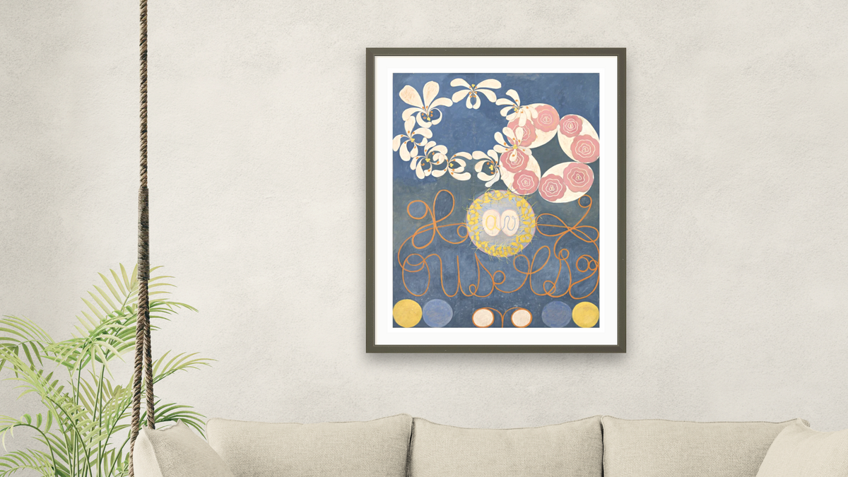 Group IV, The Ten Largest, No. 1, Childhood by Hilma af Klint, shown at 30 × 40 in (76.2 × 101.6 cm) in Ramino Satin Black, living