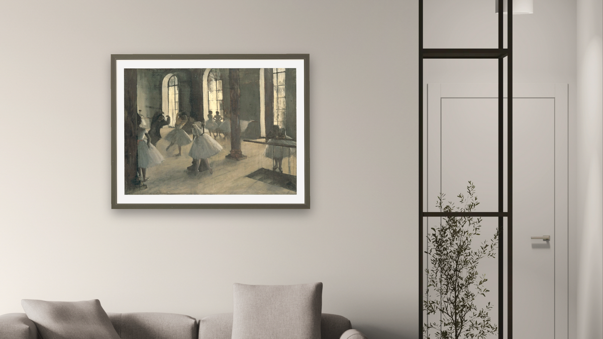 La Répétition au foyer de la danse by Edgar Degas, shown at 30 × 40 in (76.2 × 101.6 cm) in Ramino Satin Black, living