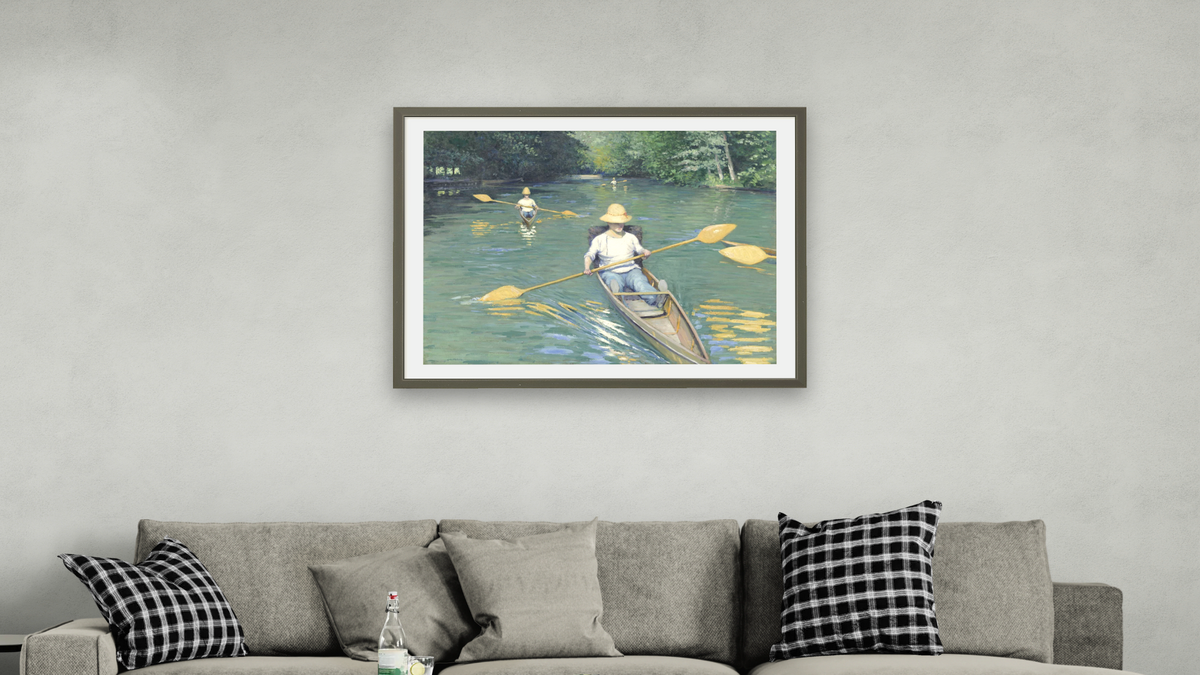 Skiffs by Gustave Caillebotte, shown at 30 × 40 in (76.2 × 101.6 cm) in Ramino Satin Black, living