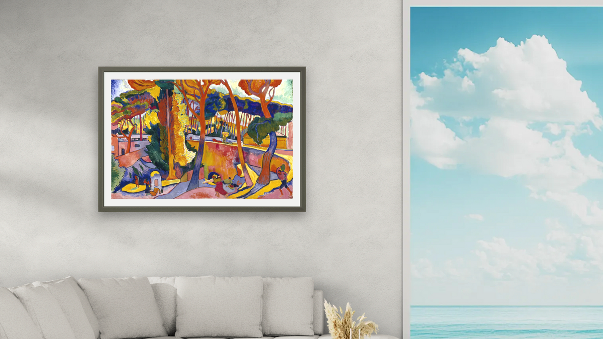 The Turning Road, l'Estaque by André Derain, shown at 28 × 42 in (71.1 × 106.7 cm) in Ramino Satin Black, living