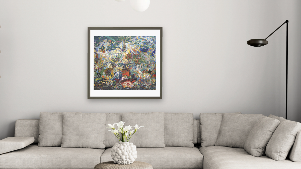 Battle of Lights, Coney Island, Mardi Gras by Joseph Stella, shown at 32 × 32 in (81.3 × 81.3 cm) in Ramino Satin Black, living