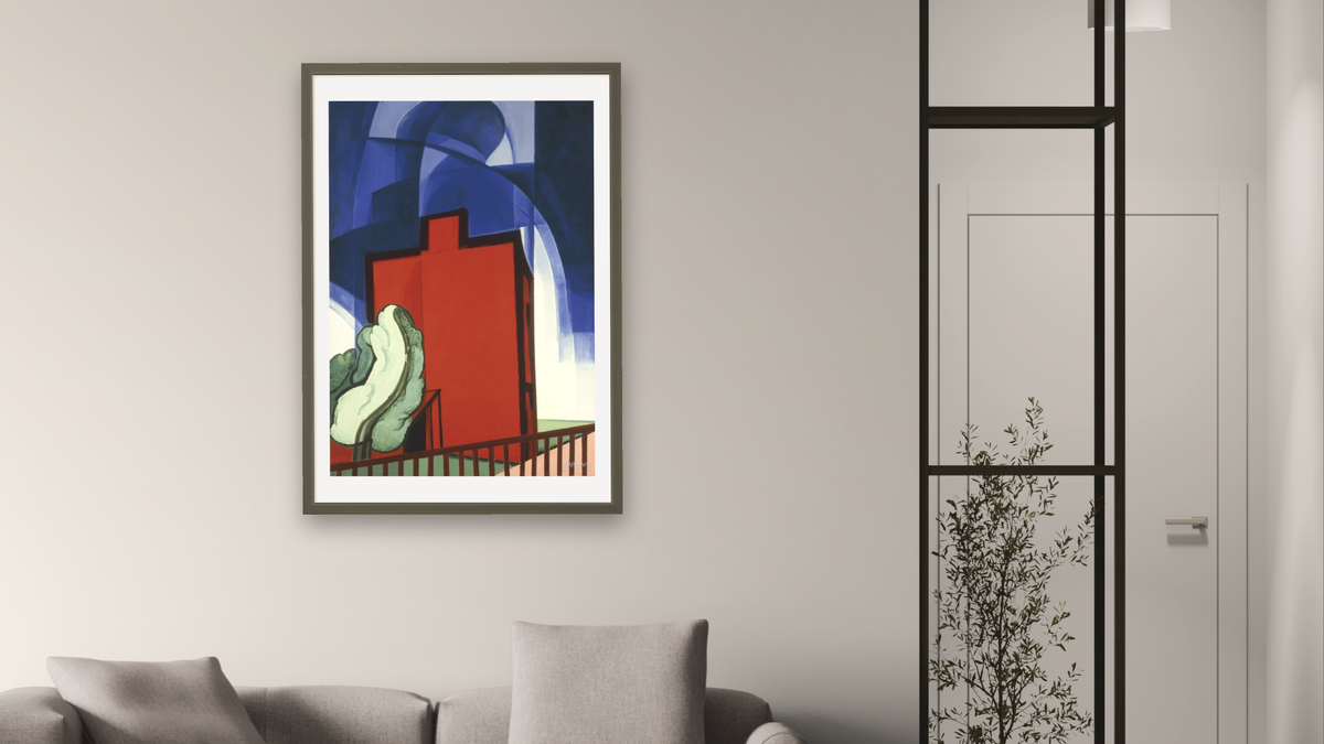 Blue Above, shown at 28 × 42 in (71.1 × 106.7 cm) in Ramino Satin Black, living