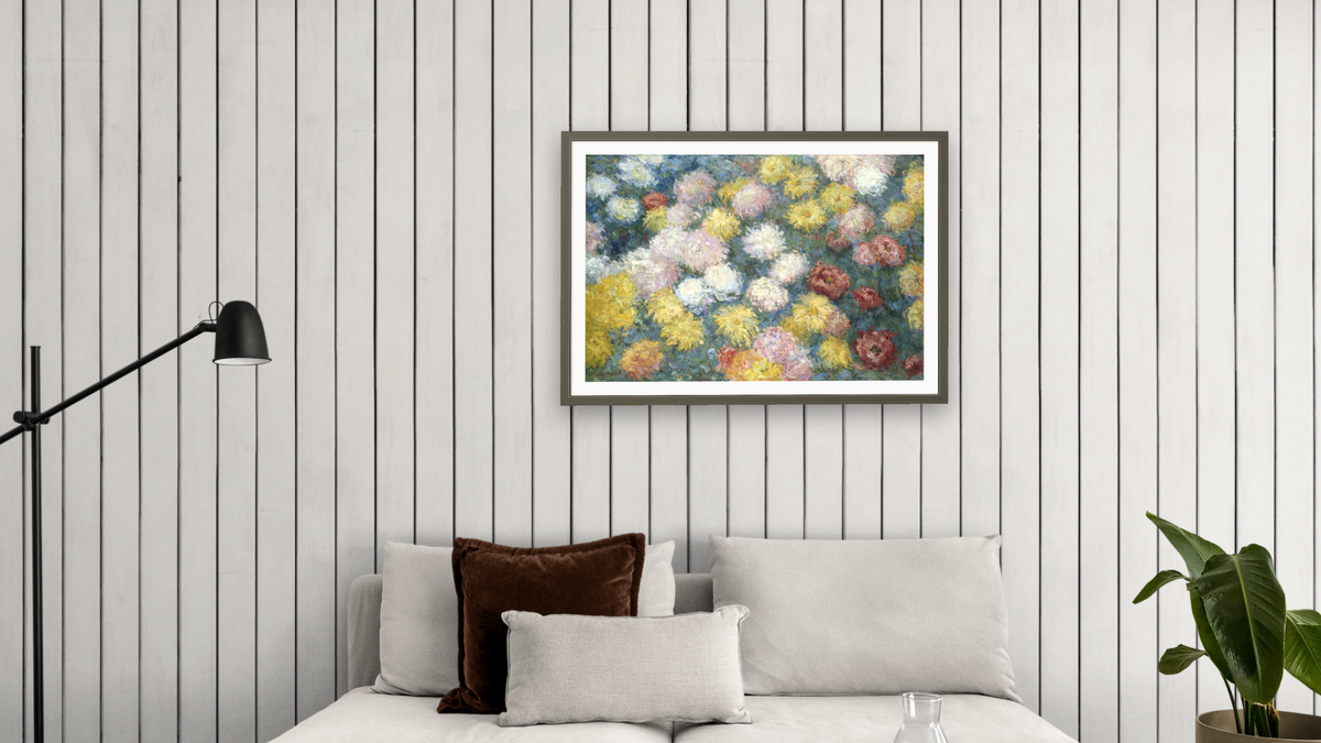 Chrysanthemums by Claude Monet, shown at 28 × 42 in (71.1 × 106.7 cm) in Ramino Satin Black, living