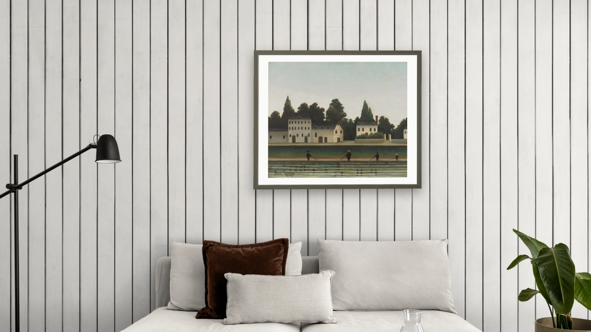Landscape and Four Fisherman (Paysage et quatre pêcheurs à la ligne) by Henri Rousseau, shown at 32 × 40 in (81.3 × 101.6 cm) in Ramino Satin Black, living