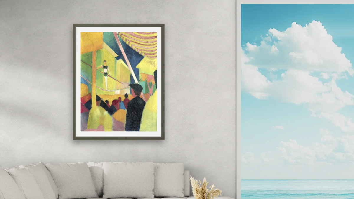 Tightrope Walker by August Macke, shown at 30 × 40 in (76.2 × 101.6 cm) in Ramino Satin Black, living
