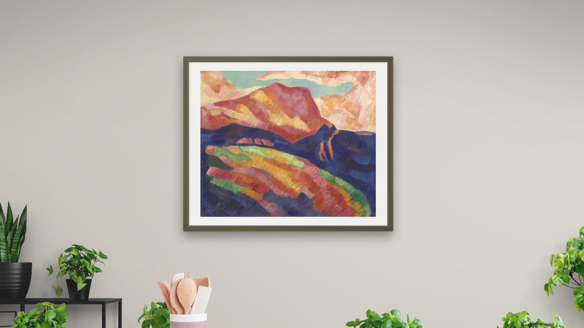 Mont Sainte-Victoire by Marsden Hartley, shown at 32 × 40 in (81.3 × 101.6 cm) in Ramino Satin Black, dining