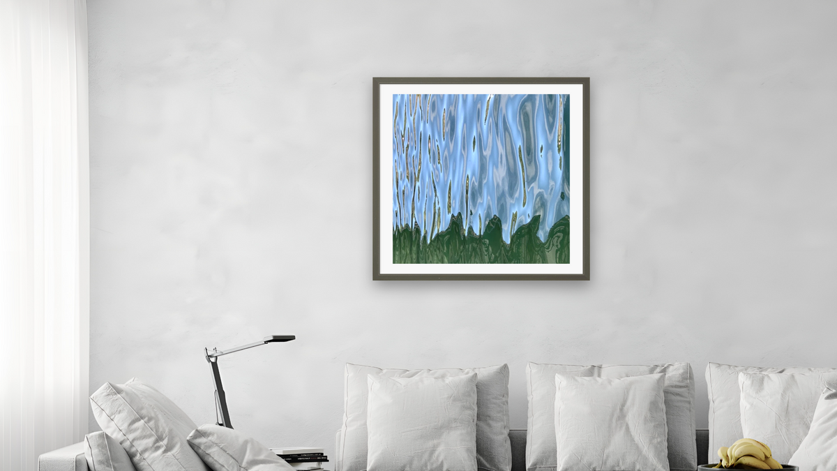 Rain on Green Mountains by Judith Rayl, shown at 32 × 32 in (81.3 × 81.3 cm) in Ramino Satin Black, living