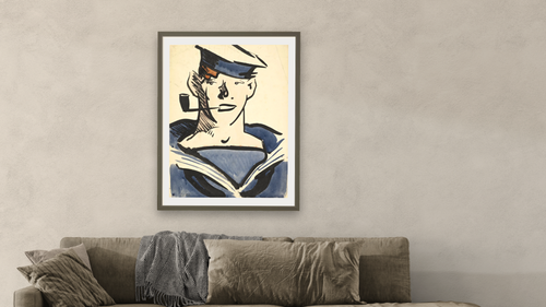 A Sailor by Francis Campbell Boileau Cadell, shown at 30 × 40 in (76.2 × 101.6 cm) in Ramino Satin Black, living [arteriel-render:v6:room_a:30x40@42,39]