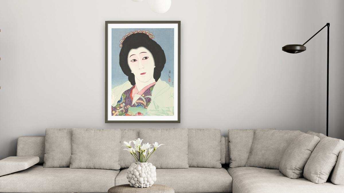 Onoye Baiko as Sayuri by Natori Shunsen, shown at 28 × 42 in (71.1 × 106.7 cm) in Ramino Satin Black, living