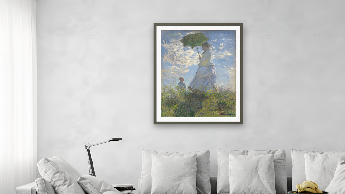 Woman with a Parasol - Madame Monet and Her Son by Claude Monet, shown at 32 × 40 in (81.3 × 101.6 cm) in Ramino Satin Black, living