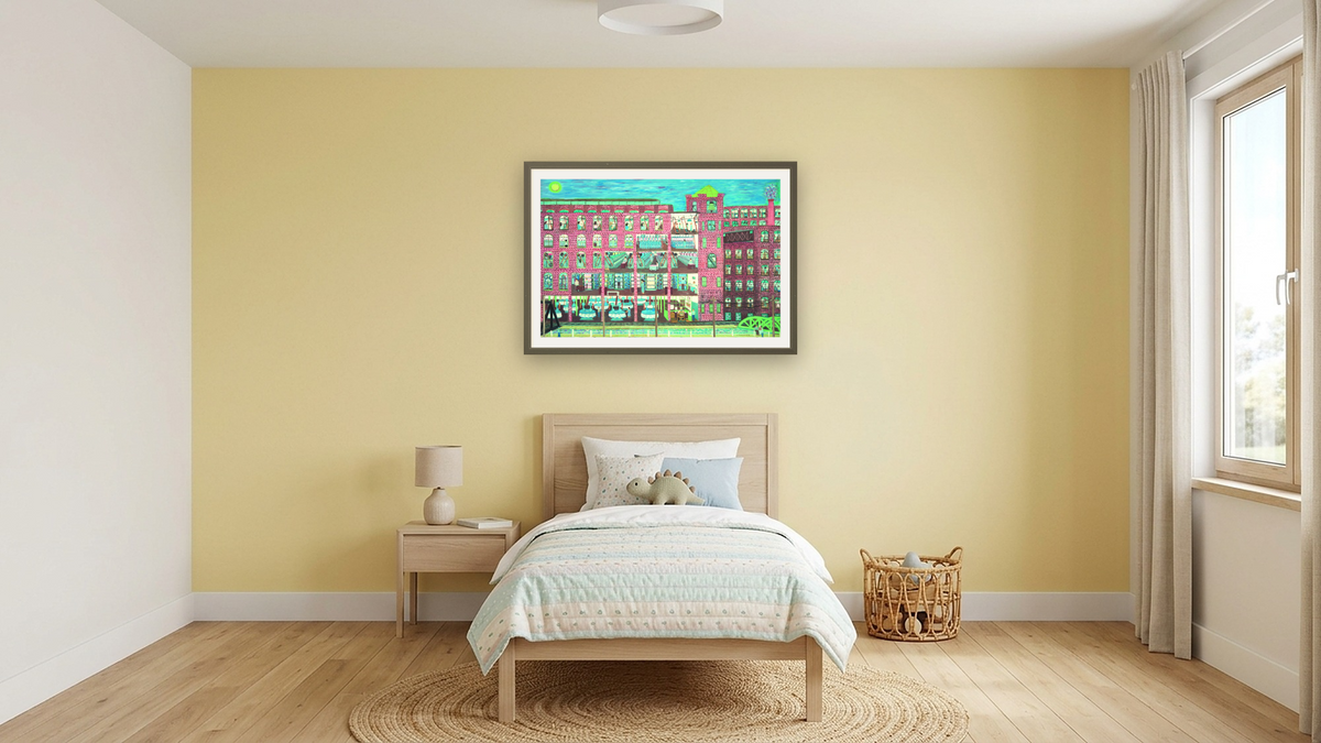Mill Workers - Night Shift #1 by Ralph Fasanella, shown at 28 × 42 in (71.1 × 106.7 cm) in Ramino Satin Black, kids' room