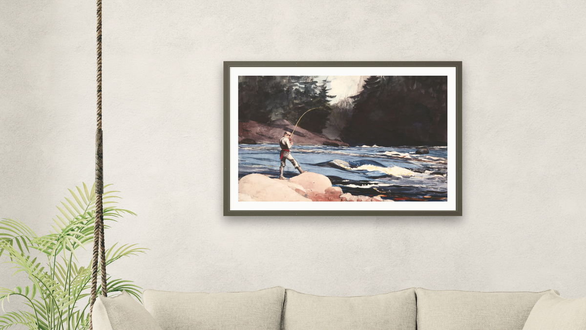 Man Fishing a New England Stream by Winslow Homer, shown at 28 × 42 in (71.1 × 106.7 cm) in Ramino Satin Black, living
