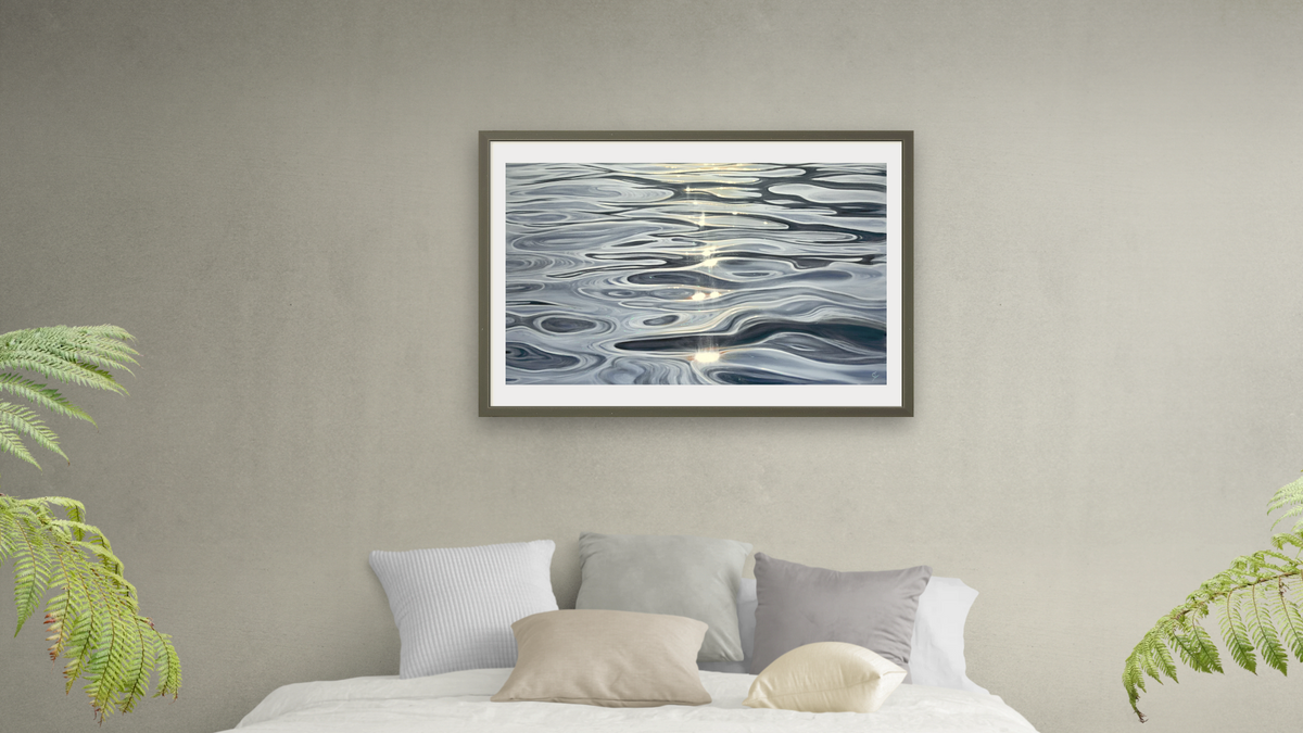 Guided by Light, shown at 28 × 42 in (71.1 × 106.7 cm) in Ramino Satin Black, bedroom