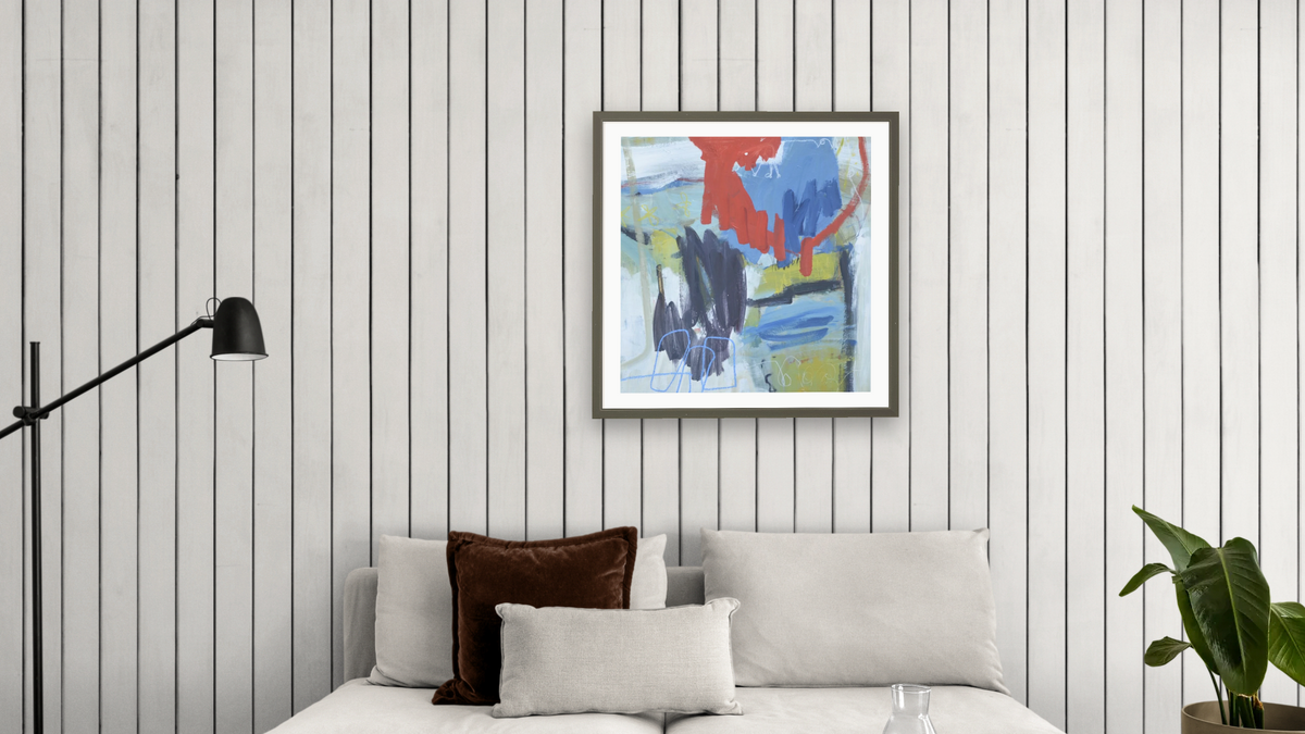Pond’s Edge by Katherine Bello, shown at 32 × 32 in (81.3 × 81.3 cm) in Ramino Satin Black, living