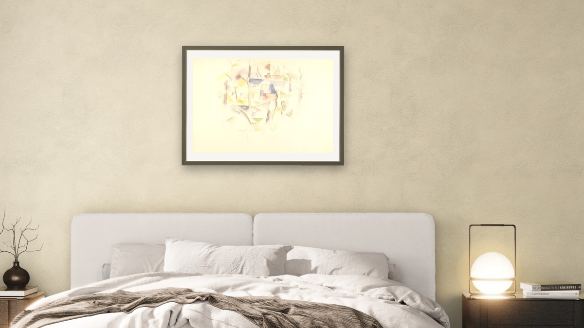 Trees and Barns (Bermuda), 1917 by Charles Demuth, shown at 30 × 40 in (76.2 × 101.6 cm) in Ramino Satin Black, bedroom