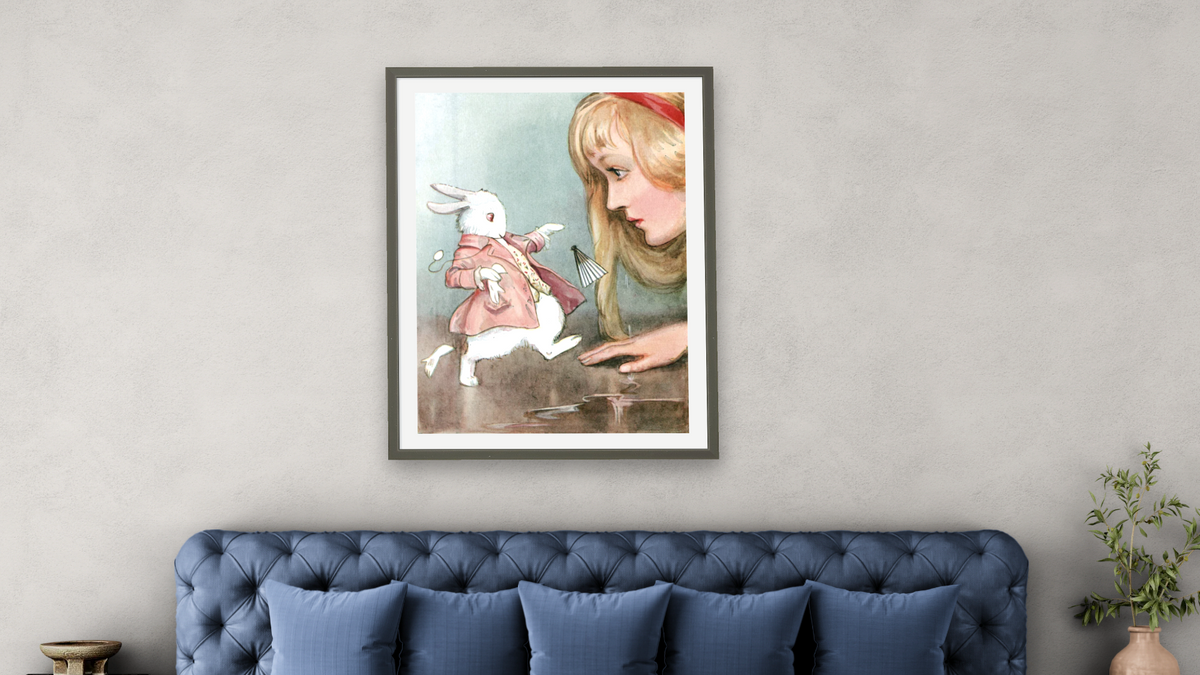 Alice in Wonderland: Alice and the White Rabbit by Margaret Winifred Tarrant, shown at 30 × 40 in (76.2 × 101.6 cm) in Ramino Satin Black, bedroom