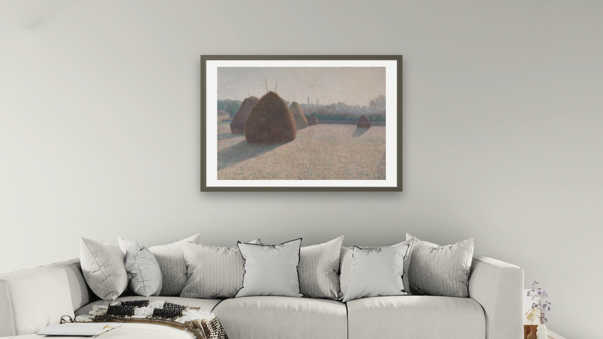 Morning Fog and Sun by John Leslie Breck, shown at 28 × 42 in (71.1 × 106.7 cm) in Ramino Satin Black, living