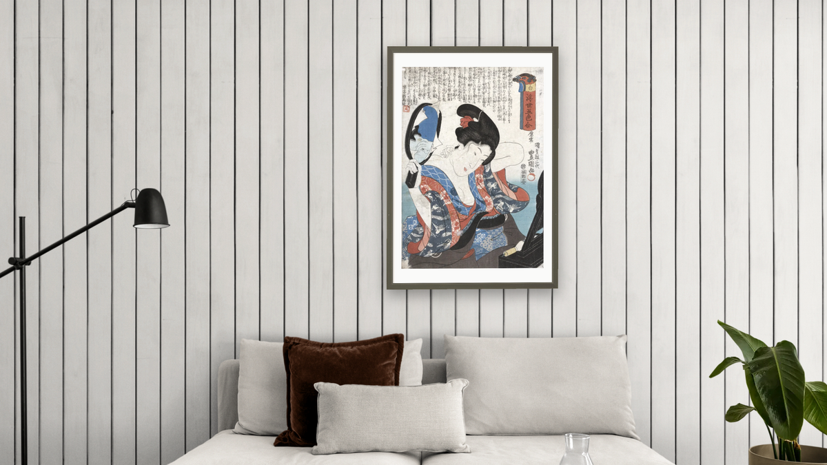 White by Utagawa Toyokuni, shown at 28 × 42 in (71.1 × 106.7 cm) in Ramino Satin Black, living