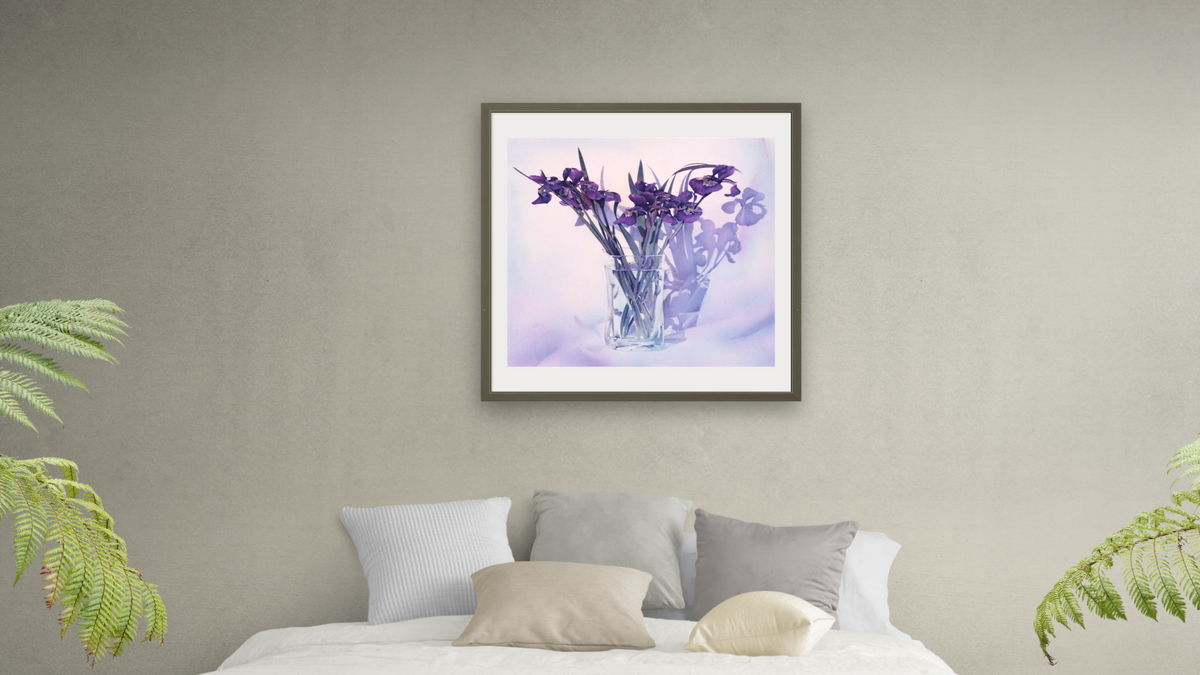Vased Irises by Kirsten Söderlind, shown at 32 × 32 in (81.3 × 81.3 cm) in Ramino Satin Black, bedroom
