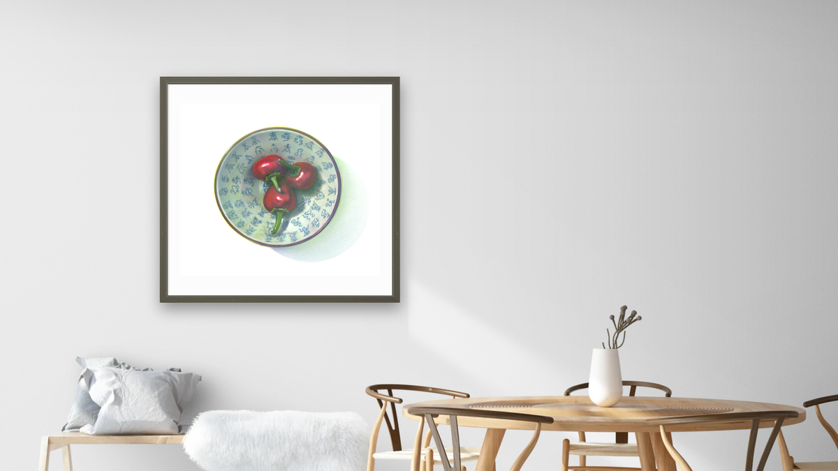Three Peppers by Kirsten Söderlind, shown at 32 × 32 in (81.3 × 81.3 cm) in Ramino Satin Black, dining