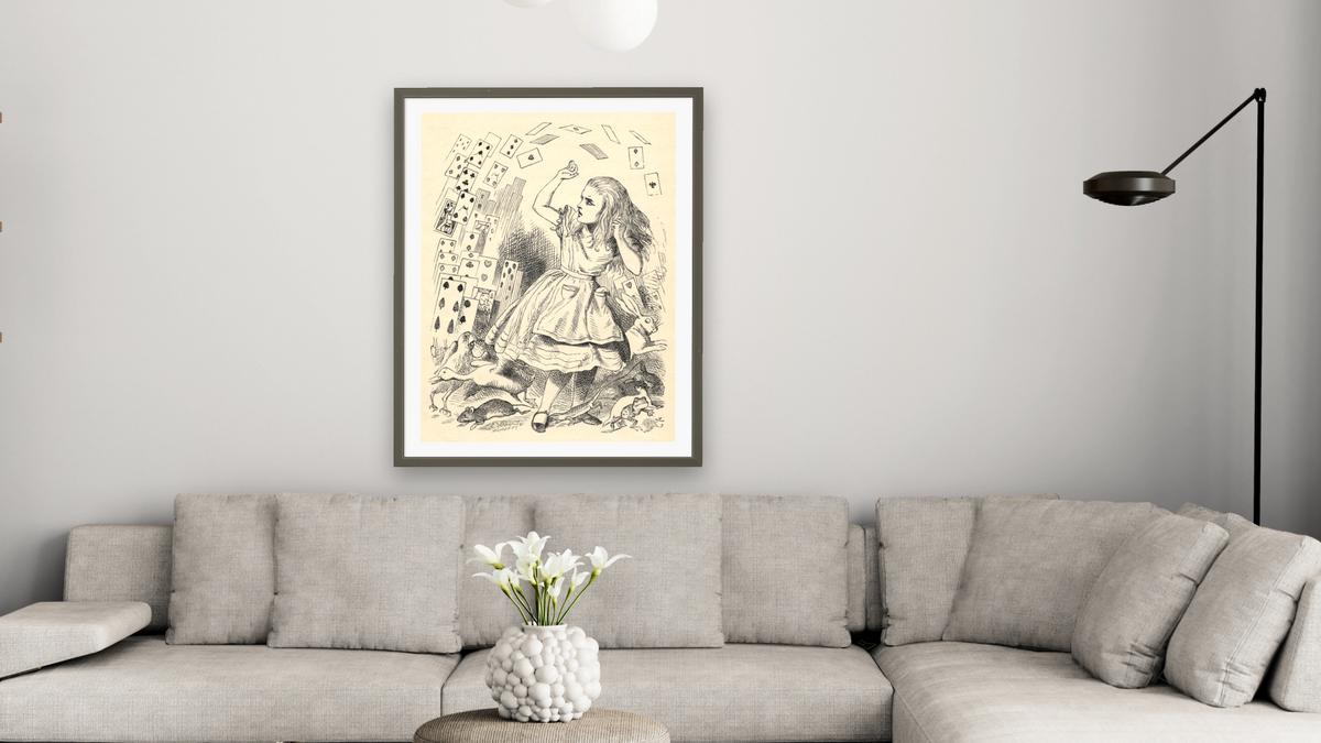 Alice and the Pack of Cards, from 'Alice's Adventures in Wonderland' by Lewis Carroll by John Tenniel, shown at 30 × 40 in (76.2 × 101.6 cm) in Ramino Satin Black, living