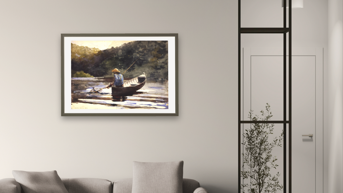 Boy Fishing by Winslow Homer, shown at 28 × 42 in (71.1 × 106.7 cm) in Ramino Satin Black, living