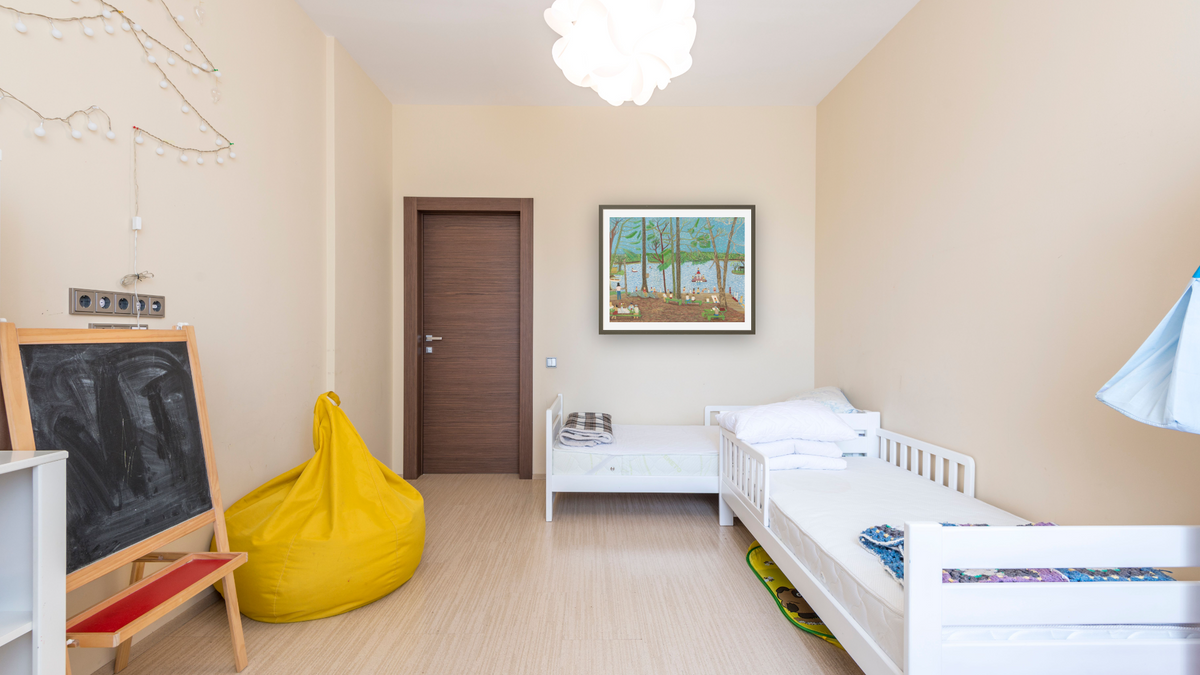 Peach Lake by Ralph Fasanella, shown at 32 × 40 in (81.3 × 101.6 cm) in Ramino Satin Black, kids' room