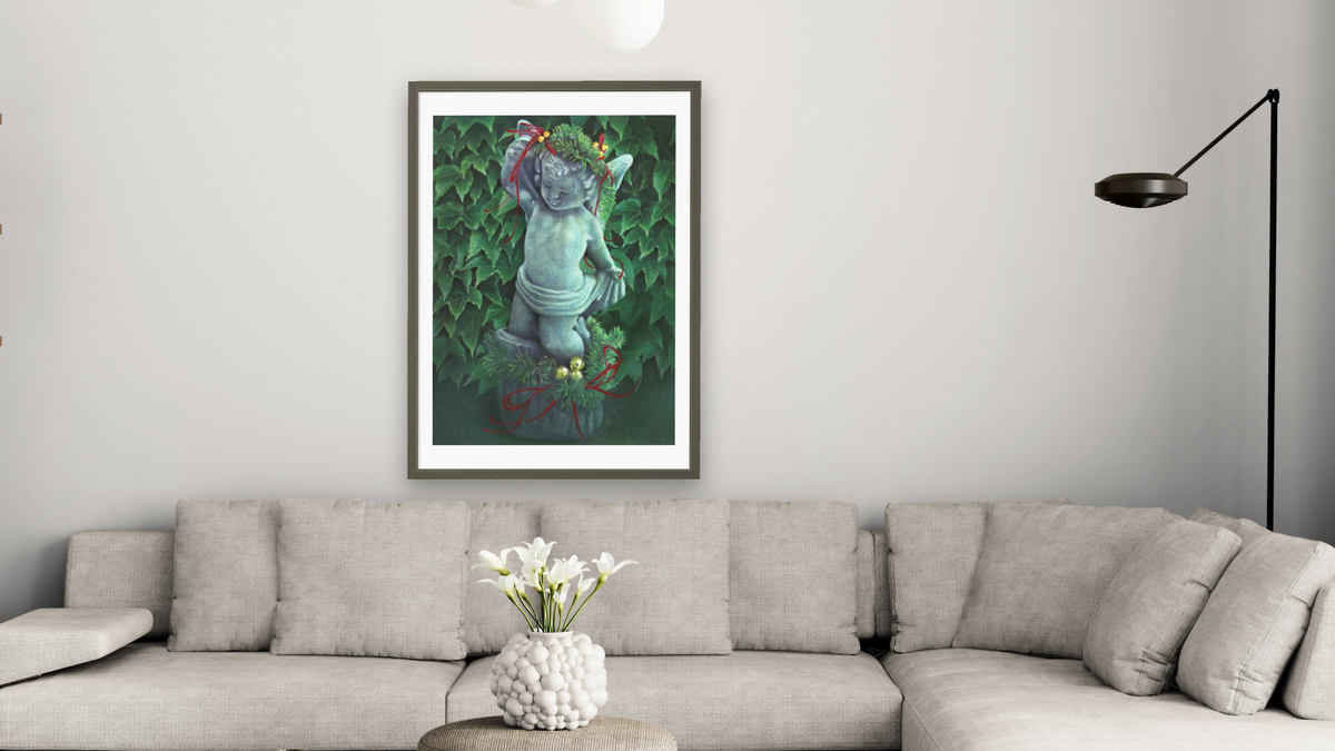 Cherub by Kirsten Söderlind, shown at 28 × 42 in (71.1 × 106.7 cm) in Ramino Satin Black, living