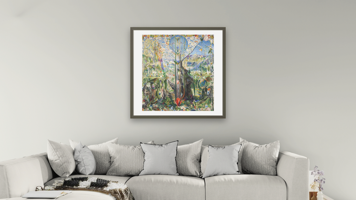Tree of My Life by Joseph Stella, shown at 32 × 32 in (81.3 × 81.3 cm) in Ramino Satin Black, living