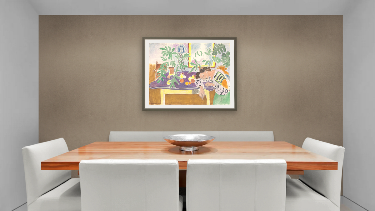 Still Life with Sleeping Woman by Henri Matisse, shown at 32 × 40 in (81.3 × 101.6 cm) in Ramino Satin Black, dining